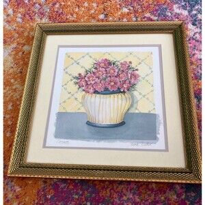 ART Fiona Butler Cosmos in a Vase Yellow Mat Gold Frame Vintage FREE SHIP
